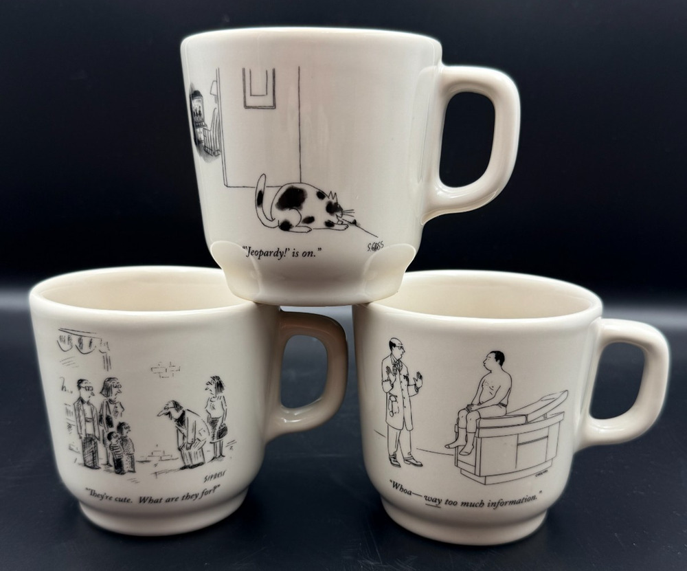 Set 3 The New Yorker x Fishs Eddy Cartoon Retro Ceramic Diner Mugs Black & White